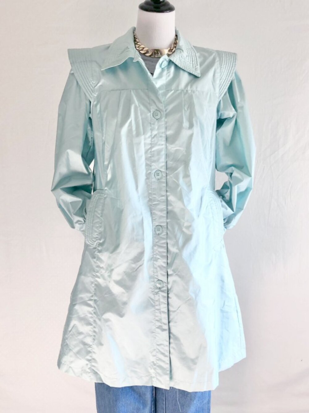 Vintage 80s Silver Unicorn Pastel Aqua Raincoat Girls Size 14